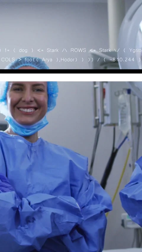 Vertical video: Nurse standing mid arms crossed smiling while system code bars Stock Footage 331271259