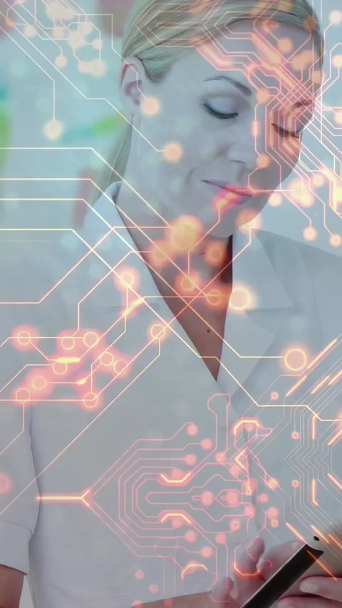 Vertical video: Nurse tapping stylus causing circuit overlay and checking data, Stock Footage 331181853