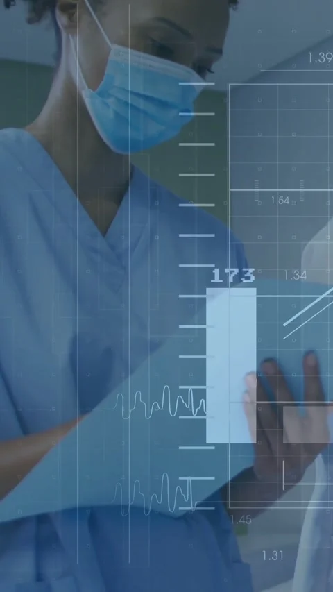 Vertical video: Nurse writing while peer holding folder, new data activating HUD Stock Footage 331337242