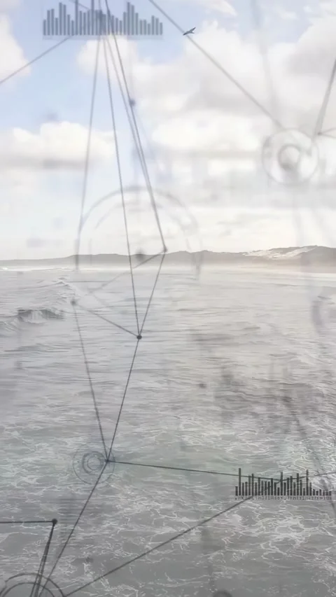 Vertical video: Ocean and HUD panning with camera showing nodes, rings, charts Stock Footage 334317319