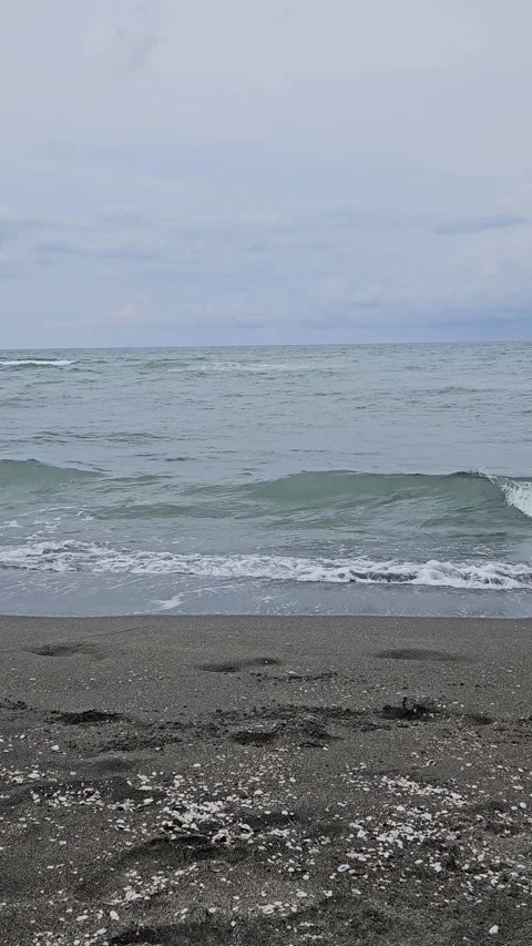 Vertical video of ocean tides moving in and out under cloudy sky. Stock Footage 329783328