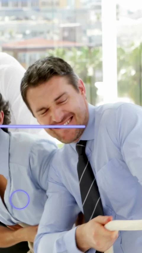 Vertical video: Office man gripping rope, team pulling to bond, purple doodles Stock Footage 334598506