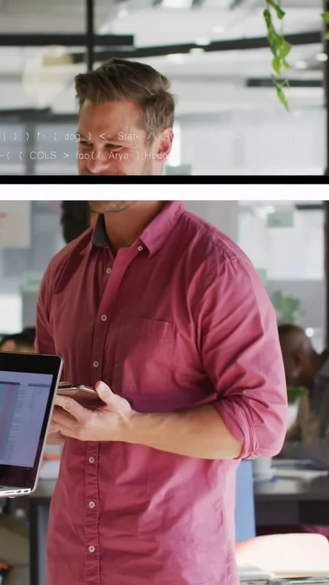 Vertical video: Office man holding tablet viewing peer lifting laptop smiling Stock Footage 334550132