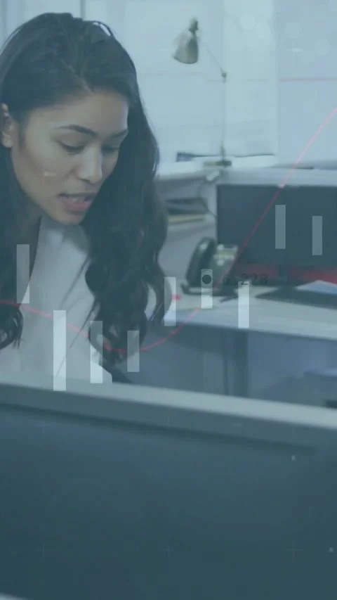 Vertical video: Office worker leaning in reading monitor for report glancing at Stock Footage 334391824