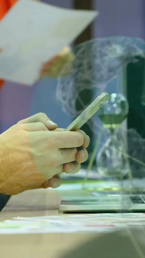 Vertical video: Office worker scrolling phone layering globe and code windows Stock Footage 334770784