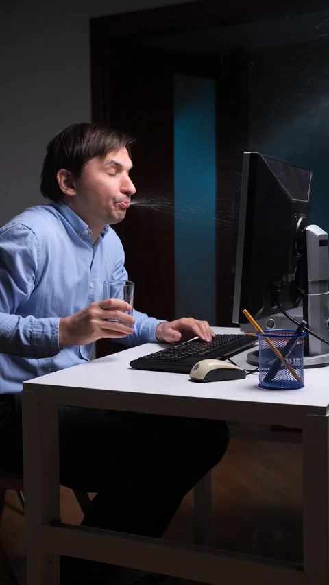 Vertical video Office worker spitting water on computer screen while drinking Stock Footage 308967620