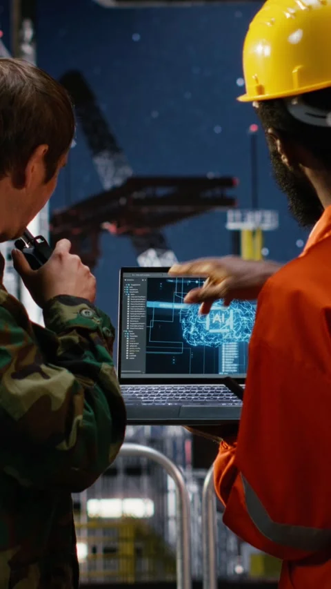 Vertical Video Offshore engineer and naval officer using AI technology on laptop Stock Footage 321474678