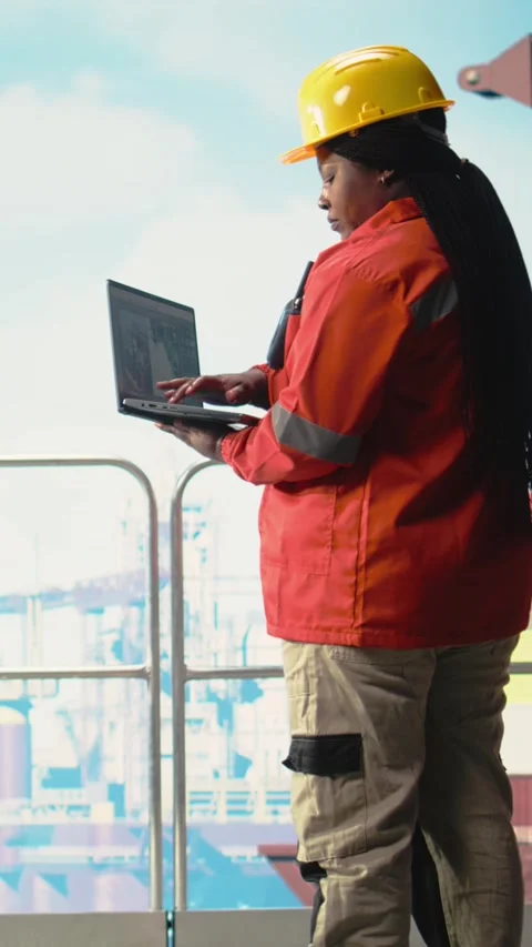 Vertical video Offshore engineer using laptop to analyze subsea mapping data Stock Footage 319450870