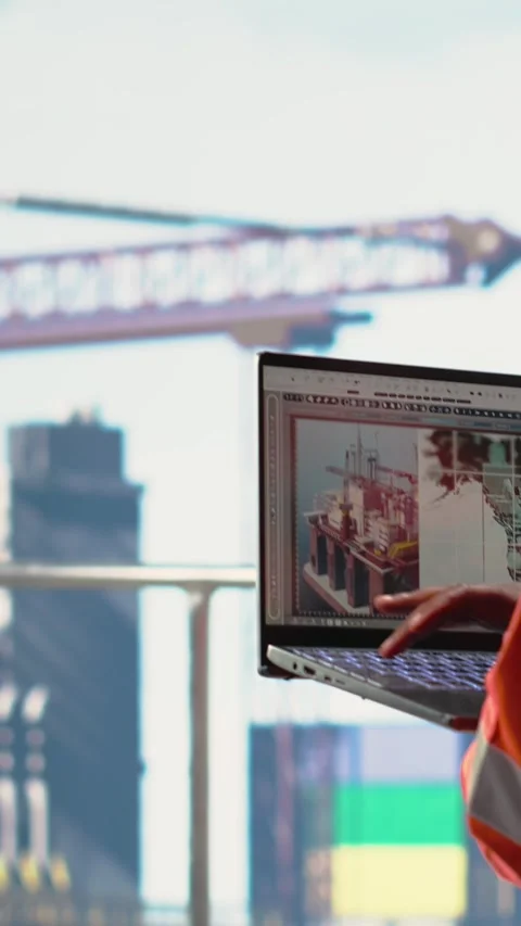 Vertical video Offshore engineer using laptop to analyze subsea mapping data Stock Footage 319715879