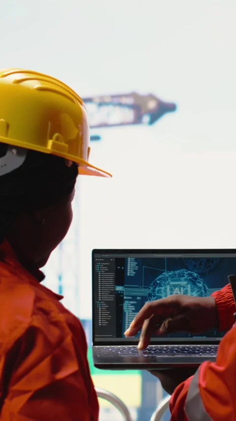 Vertical video Offshore platform crew using artificial intelligence program on Stock Footage 319715577
