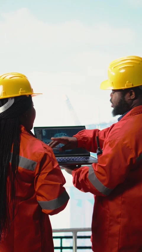 Vertical video Offshore platform crew using artificial intelligence program on Stock Footage 319718371