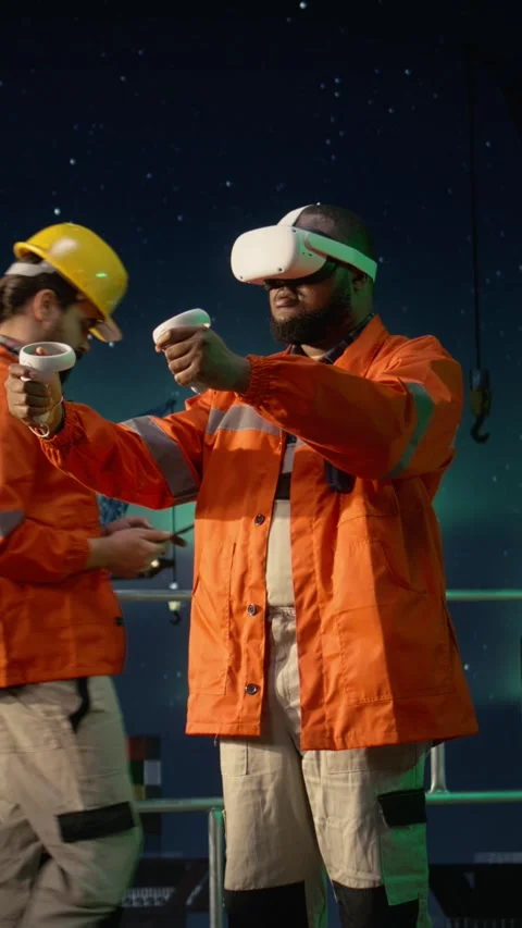 Vertical video Offshore platform engineer uses virtual reality to overcome oil Stock Footage 339887346