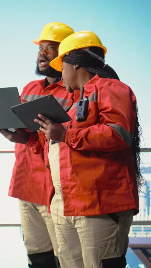 Vertical video Offshore platform engineering team testing safety systems Stock Footage 319717675