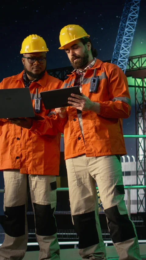 Vertical video Offshore platform engineering team managing resources during Stock Footage 339886986