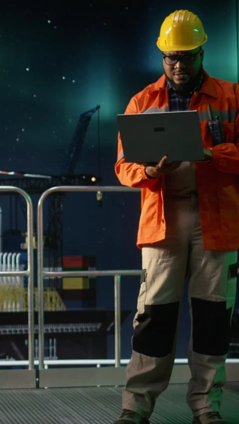 Vertical video Offshore platform engineering team coworkers review maritime Stock Footage 339887062