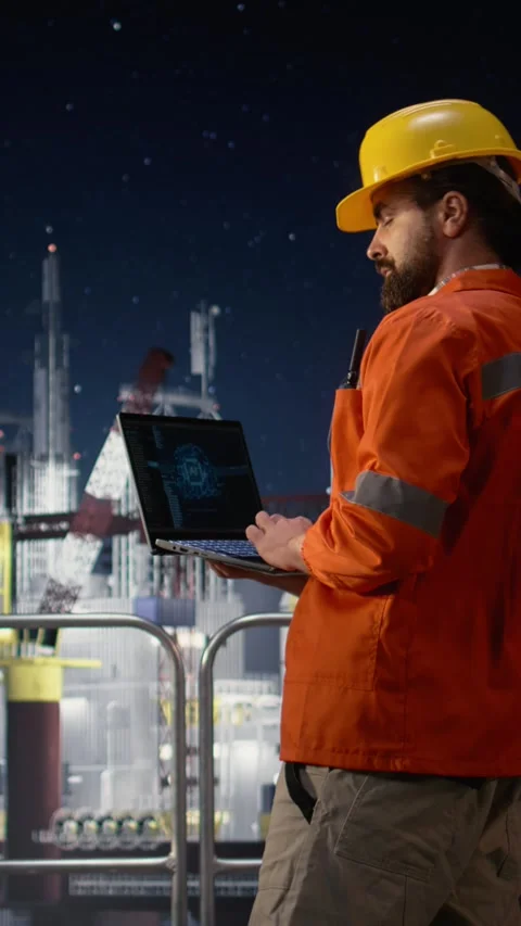 Vertical video Offshore platform engineering team uses AI on laptop monitoring Stock Footage 339887975