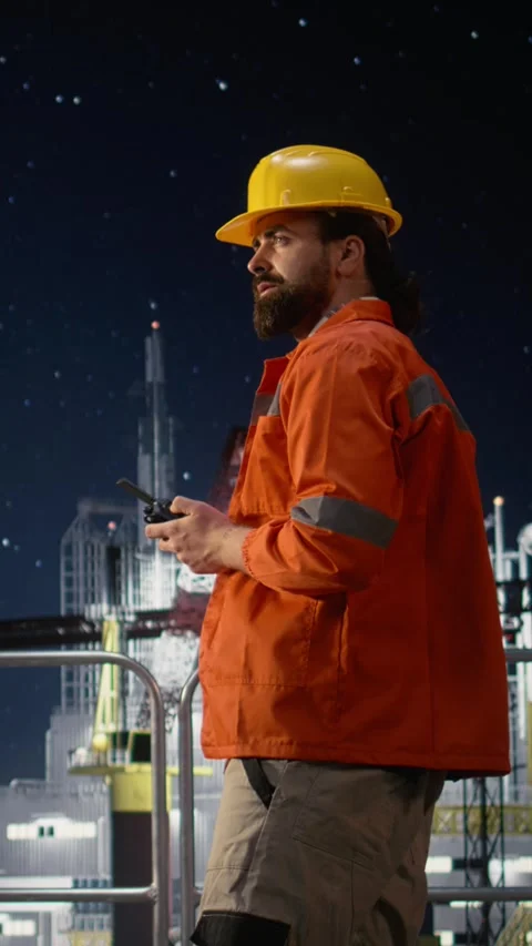 Vertical video Offshore platform engineering team coordinating supply routes Stock Footage 339888027