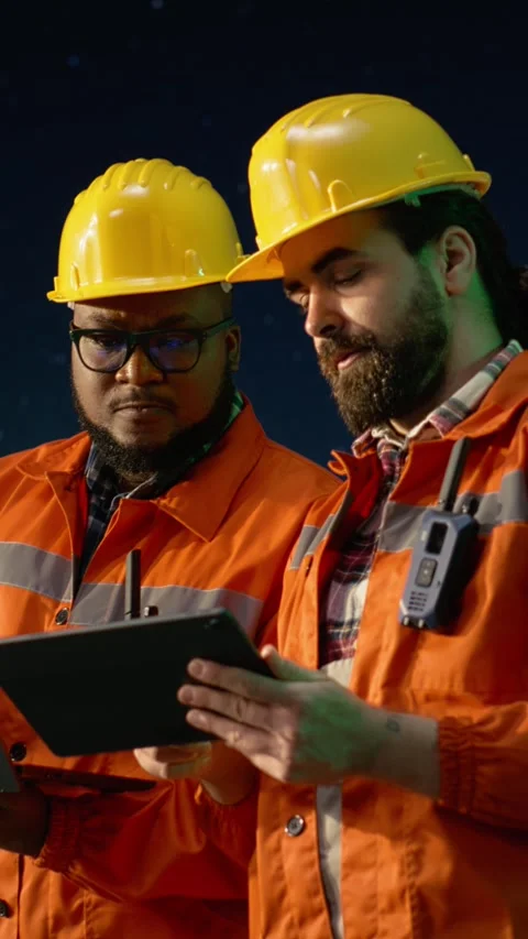 Vertical video Offshore platform engineering team managing resources during Stock Footage 339888724