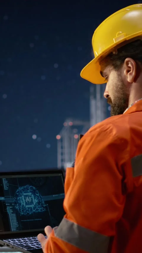 Vertical video Offshore platform engineering team uses AI on laptop monitoring Stock Footage 339890181