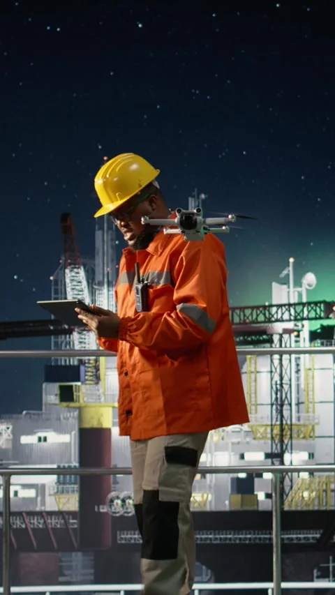 Vertical video Offshore platform engineers use drones to find fossil reserves Stock Footage 339887211