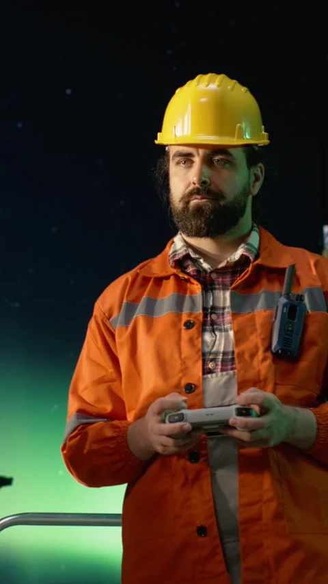 Vertical video Offshore platform engineers use drones to find fossil reserves Stock Footage 339889397