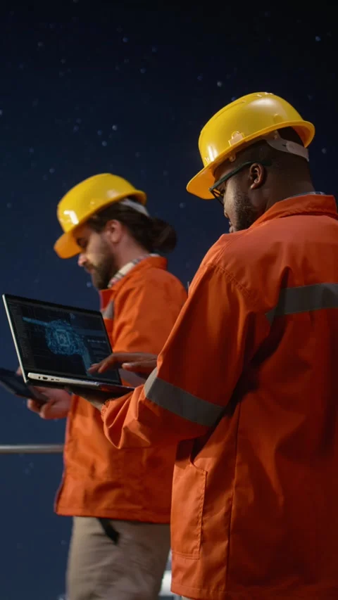 Vertical video Offshore platform expert uses AI monitoring drilling operation Stock Footage 339887904
