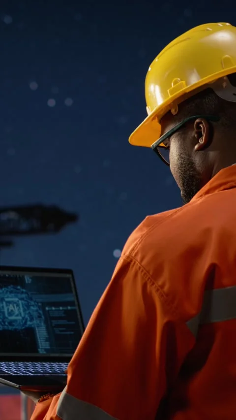 Vertical video Offshore platform expert uses AI monitoring drilling operation Stock Footage 339889759