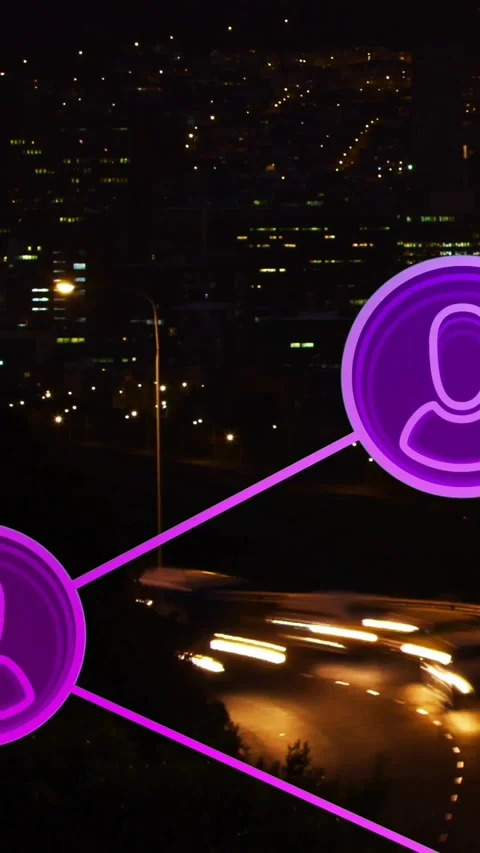 Vertical video: One purple node pulsing, spawning neon user-nodes forming Stock Footage 329961469