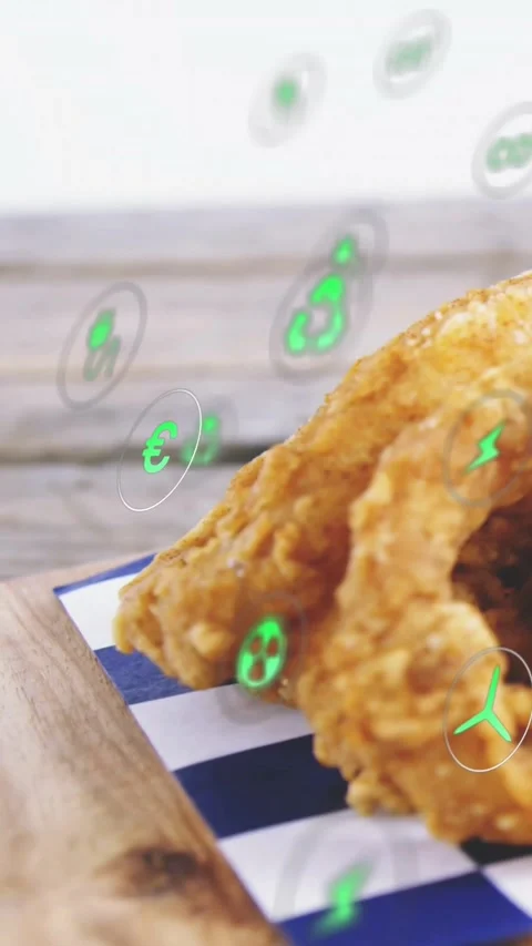 Vertical video: Onion rings sitting right, green icons appearing left, rising Stock Footage 328398691