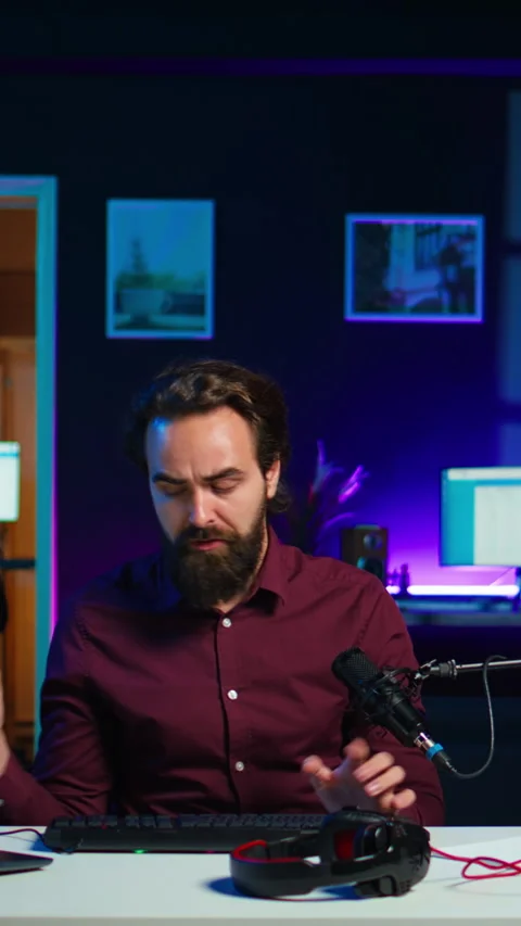 Vertical video Online show host filming electronics haul, presenting computer Stock Footage 306709383