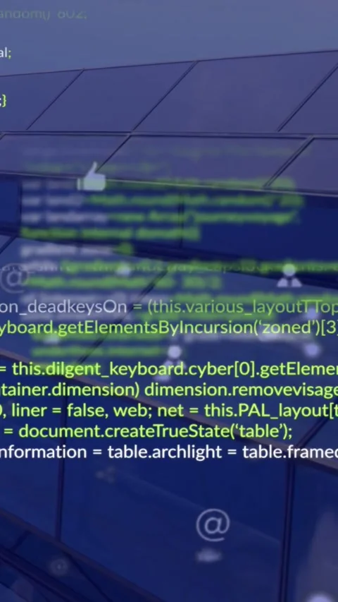 Vertical video: Onload overlay shifting across grid, green code scrolling icons Stock Footage 331790728