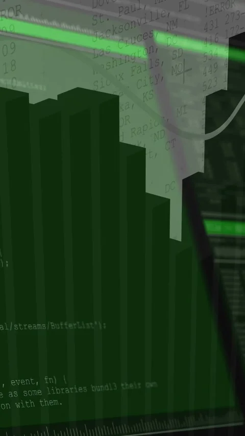 Vertical video: On open bars forming skyline, green guide moving and code Stock Footage 332747794