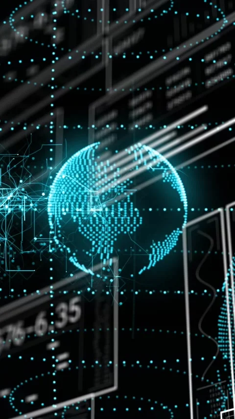 Vertical video: On open dotted globe rotating, sliding UI panels pulsing nodes Stock Footage 328398100