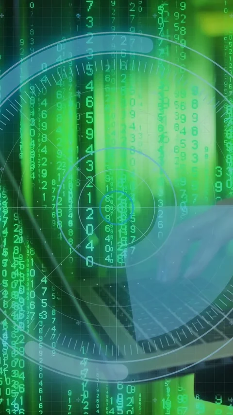Vertical video: Open laptop and hands starting scan as radar HUD appears, Stock Footage 335263950