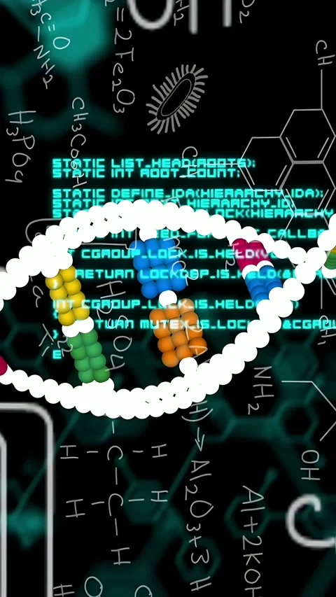 Vertical video: Opening on bead helix, blocks appearing and code fading, helix Stock Footage 334792796
