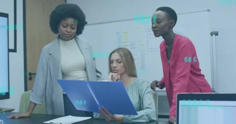 Vertical video: Opening blue folder three women in blazers around table flipping Stock Footage 332316468