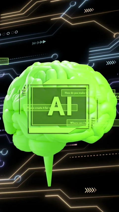 Vertical video: Opening frame lifting neon-green 3D brain, centering HUD and Stock Footage 335802703