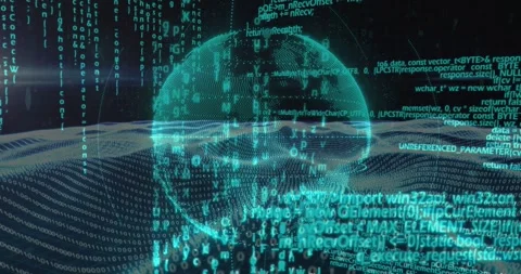 Vertical video: Opening teal globe rotating, data wave bisecting, code cascading Stock Footage 331272774