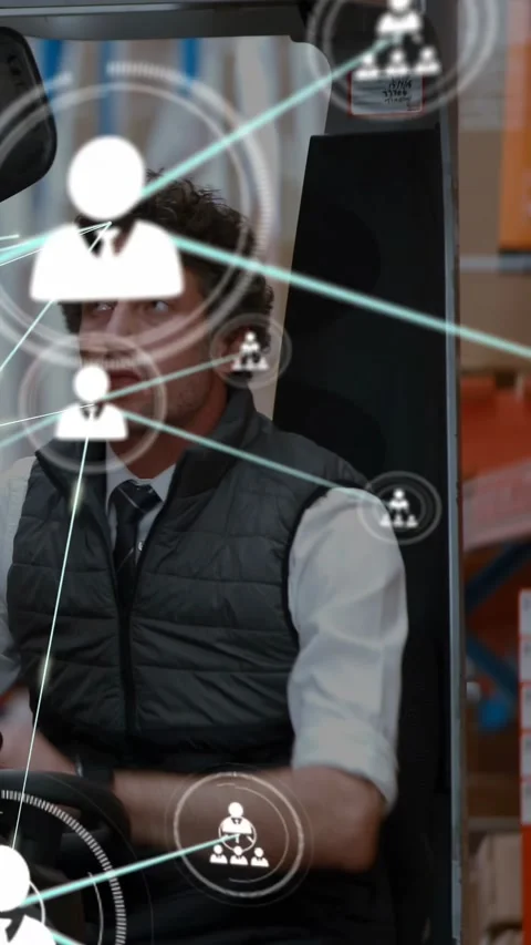 Vertical video: Operator checking watch and scanning warehouse, network nodes Stock Footage 333895675