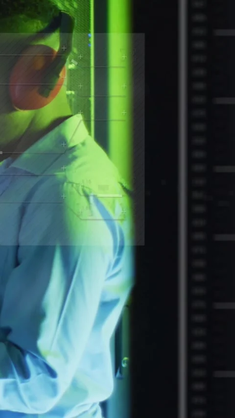 Vertical video: Operator hearing headset cue, checking tech panel while 動画素材 331270782