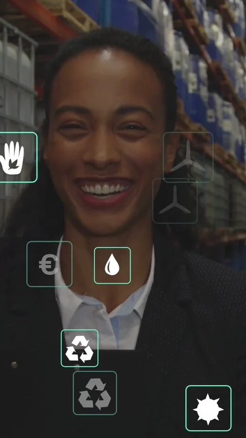 Vertical video: Ops manager holding tablet causing eco icons to layer over face Stock Footage 334549975