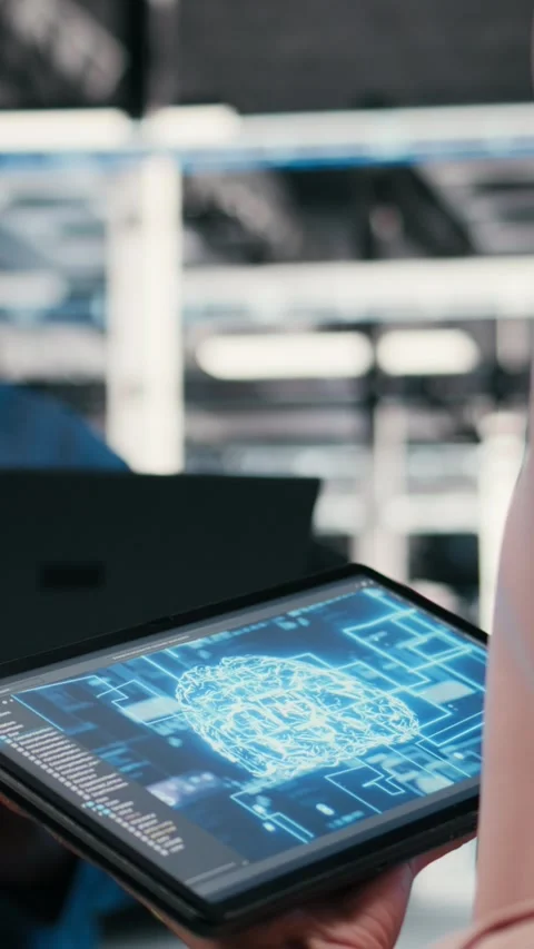 Vertical video Optimizing AI performance, devices and team of technicians in Stock Footage 330440241