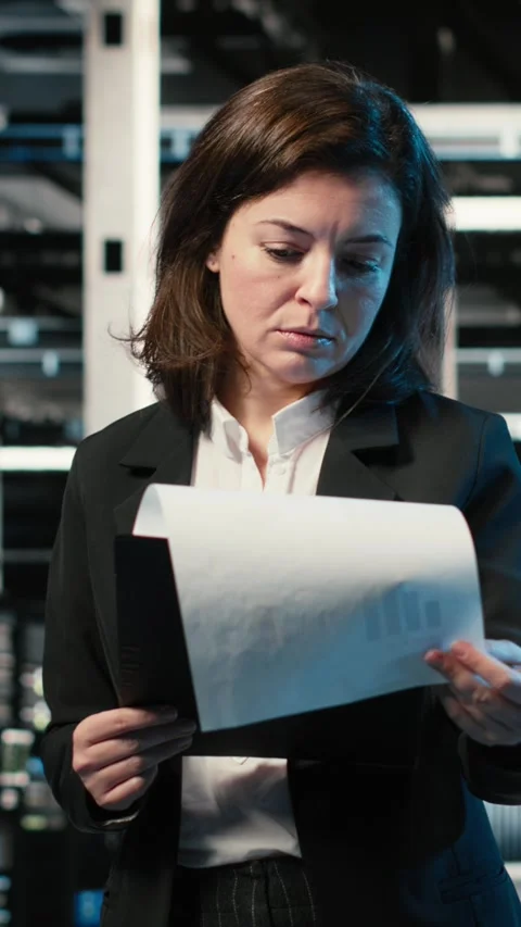 Vertical video Optimizing equipment rigs, AI and smiling engineer in data center Stock Footage 329316941