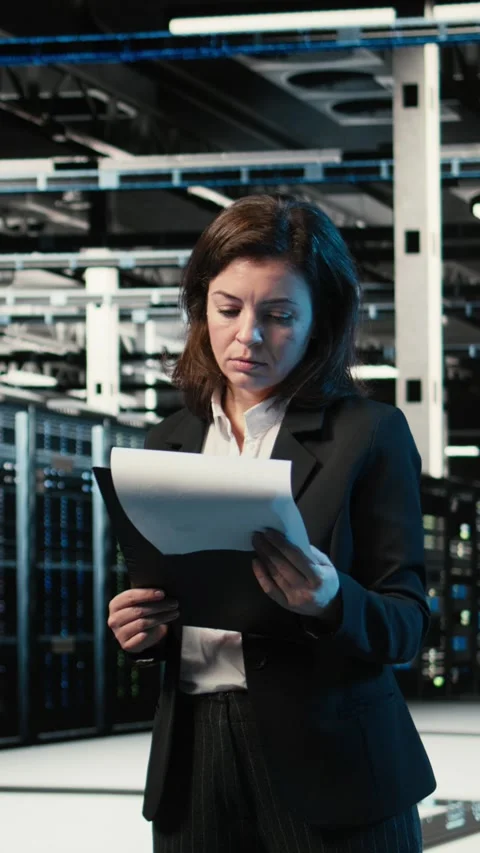 Vertical video Optimizing equipment rigs, AI and smiling engineer in data center Stock Footage 329319347