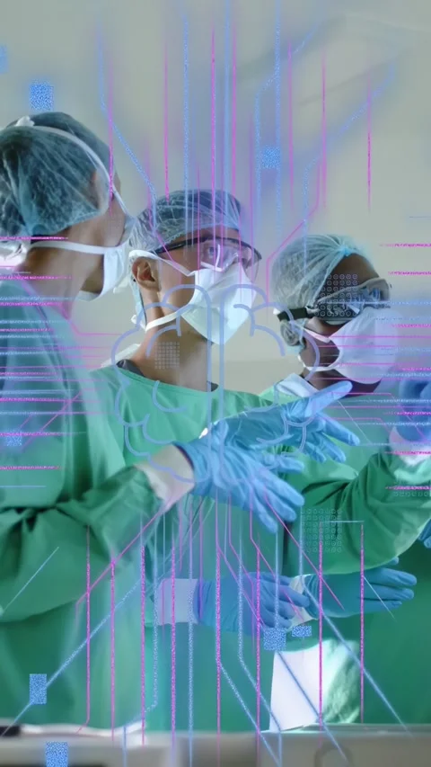 Vertical video: OR team following AR overlay appearing, adjusting gloves and Stock Footage 334423333