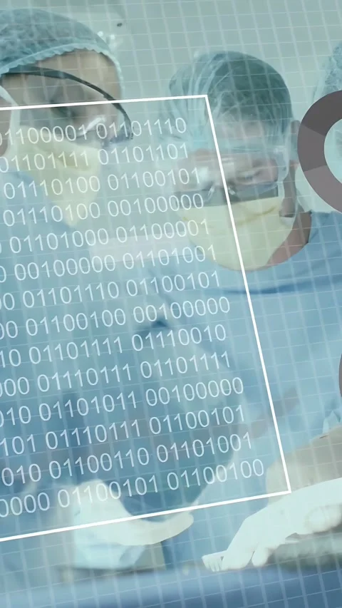 Vertical video: OR team leaning in, binary panel fading in and overlaying HUD, Stock Footage 334917217