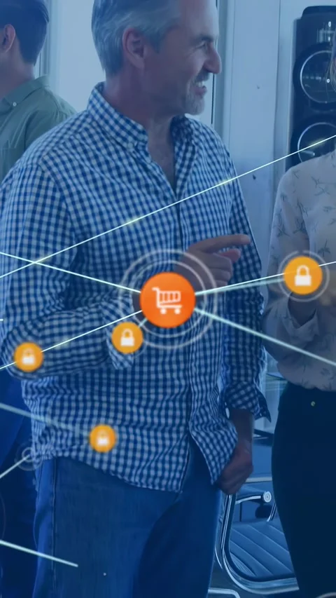 Vertical video: Orange icon popping over plaid man causing cart lock overlay for Stock Footage 331050340
