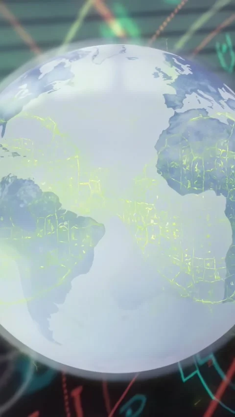Vertical video: Orb expanding into globe, forming yellow node network and Stock Footage 334317452