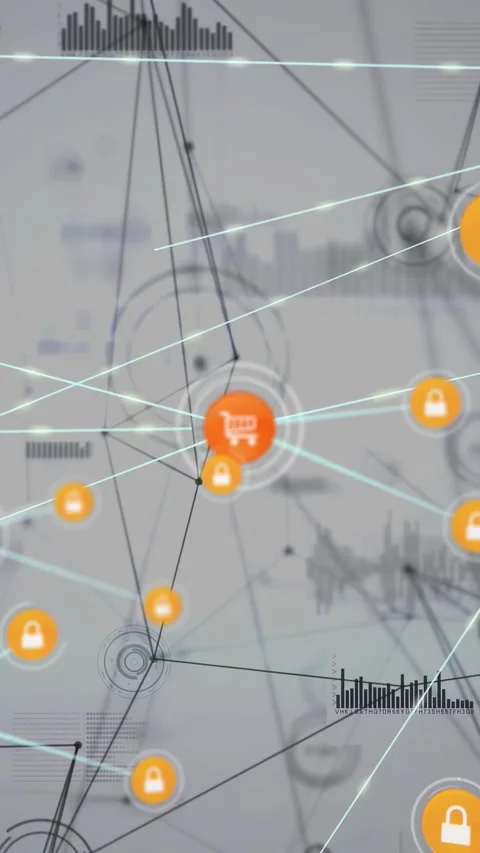 Vertical video: Orb pulsing, cart icon forming, sending beams to locks, securing Stock Footage 333289239