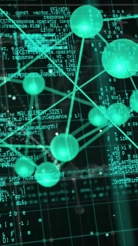 Vertical video: Orbiting camera revealing teal 3D node network over dark grid, Video stock 330655310